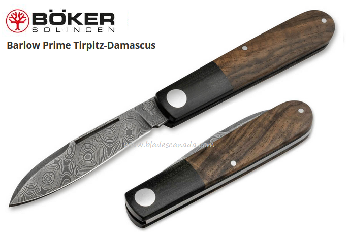 Boker Germany Barlow Prime Tirpitz Folding Knife, Damascus Steel, Micarta/Walnut, 117942DAM